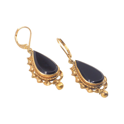 Antique 1880s Victorian Black Onyx Gold Filled Dangle Mourning Earrings