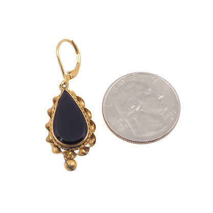 Antique 1880s Victorian Black Onyx Gold Filled Dangle Mourning Earrings