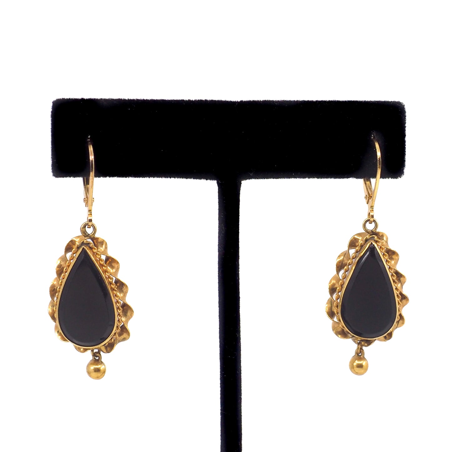 Antique 1880s Victorian Black Onyx Gold Filled Dangle Mourning Earrings