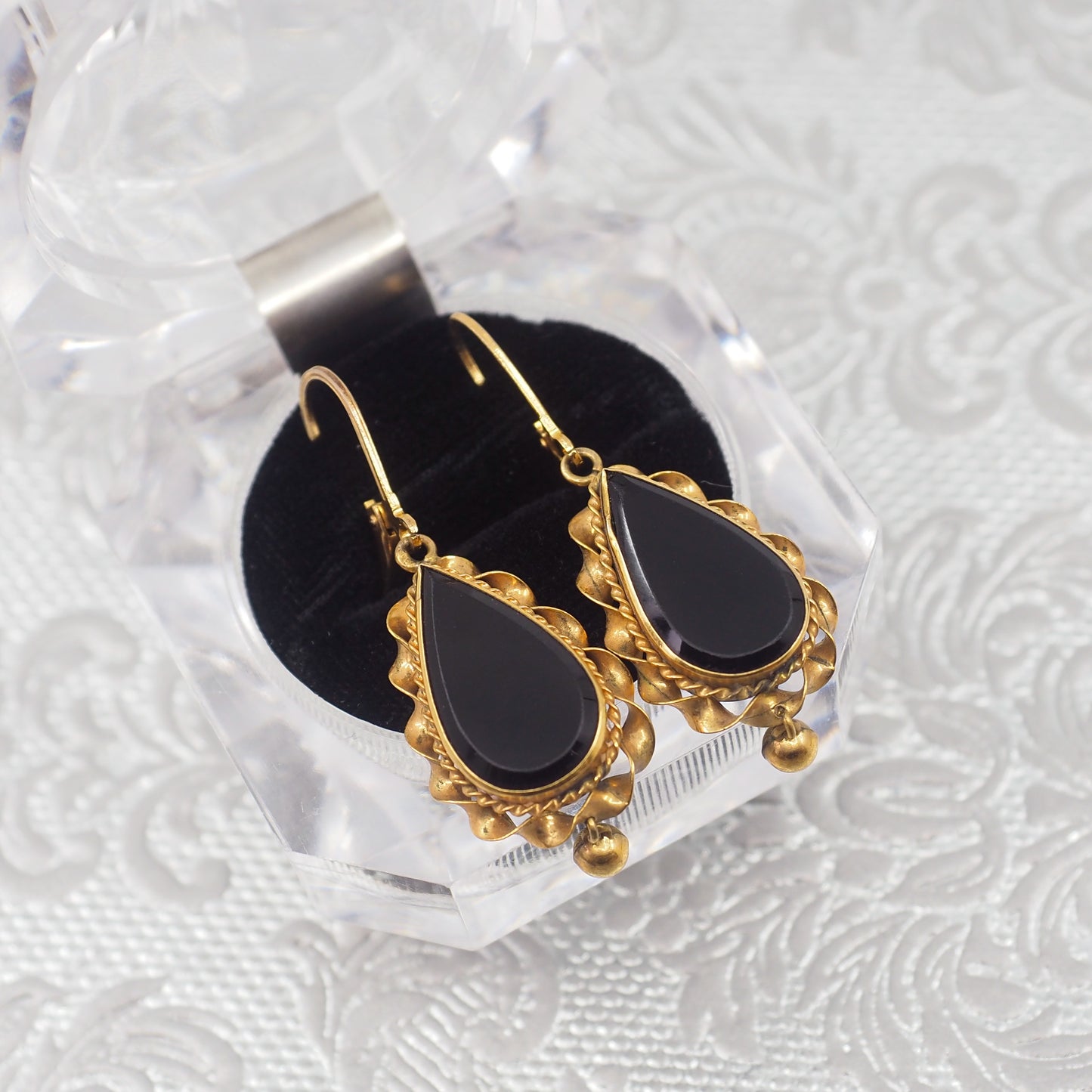 Antique 1880s Victorian Black Onyx Gold Filled Dangle Mourning Earrings