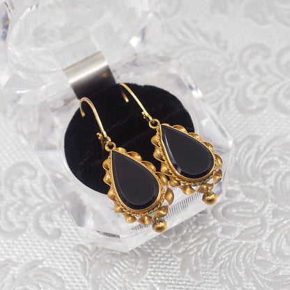 Antique 1880s Victorian Black Onyx Gold Filled Dangle Mourning Earrings