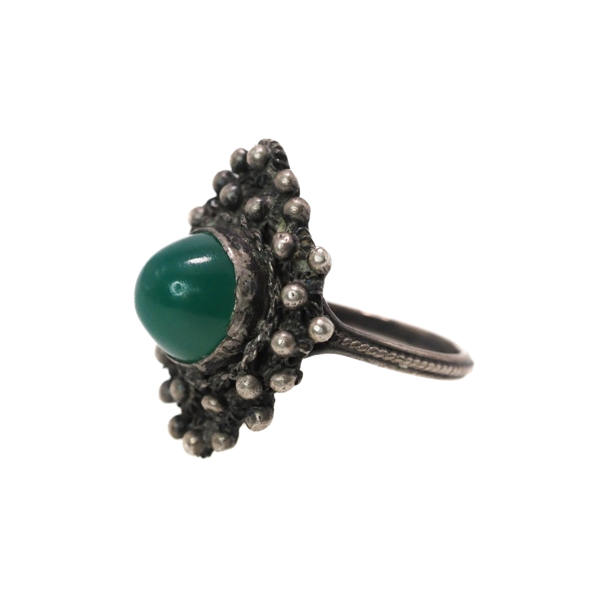 Vintage 1940s Green Chrysoprase and 800 Silver Cabochon Solitaire Marquise Ring Size 7.25 image 3