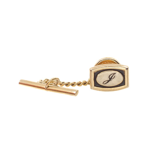 Vintage 1950s HICKOK Black Enamel and Gold Filled Metal Letter J Tie Pin