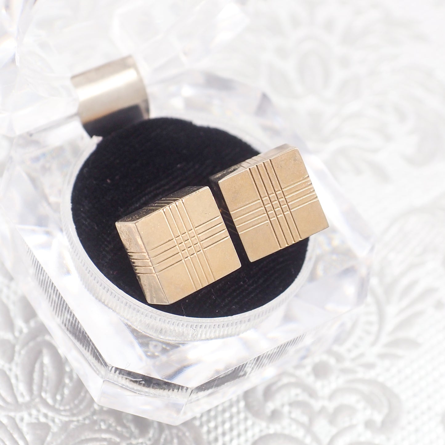 Vintage 1960s Etched Square Gold Plate Unisex Geometric Cufflinks
