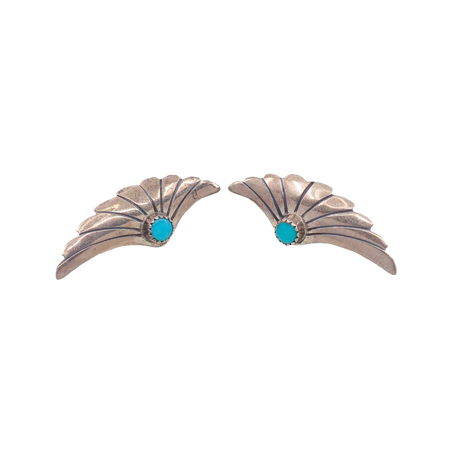 Vintage 1970s Sterling Silver Blue Turquoise Etched Large Stud Pierced Earrings