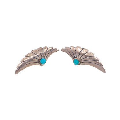 Vintage 1970s Sterling Silver Blue Turquoise Etched Large Stud Pierced Earrings