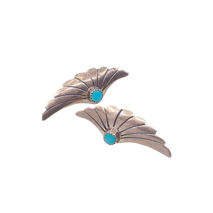 Vintage 1970s Sterling Silver Blue Turquoise Etched Large Stud Pierced Earrings
