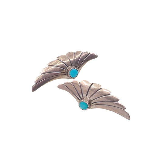 Vintage 1970s Sterling Silver Blue Turquoise Etched Large Stud Pierced Earrings