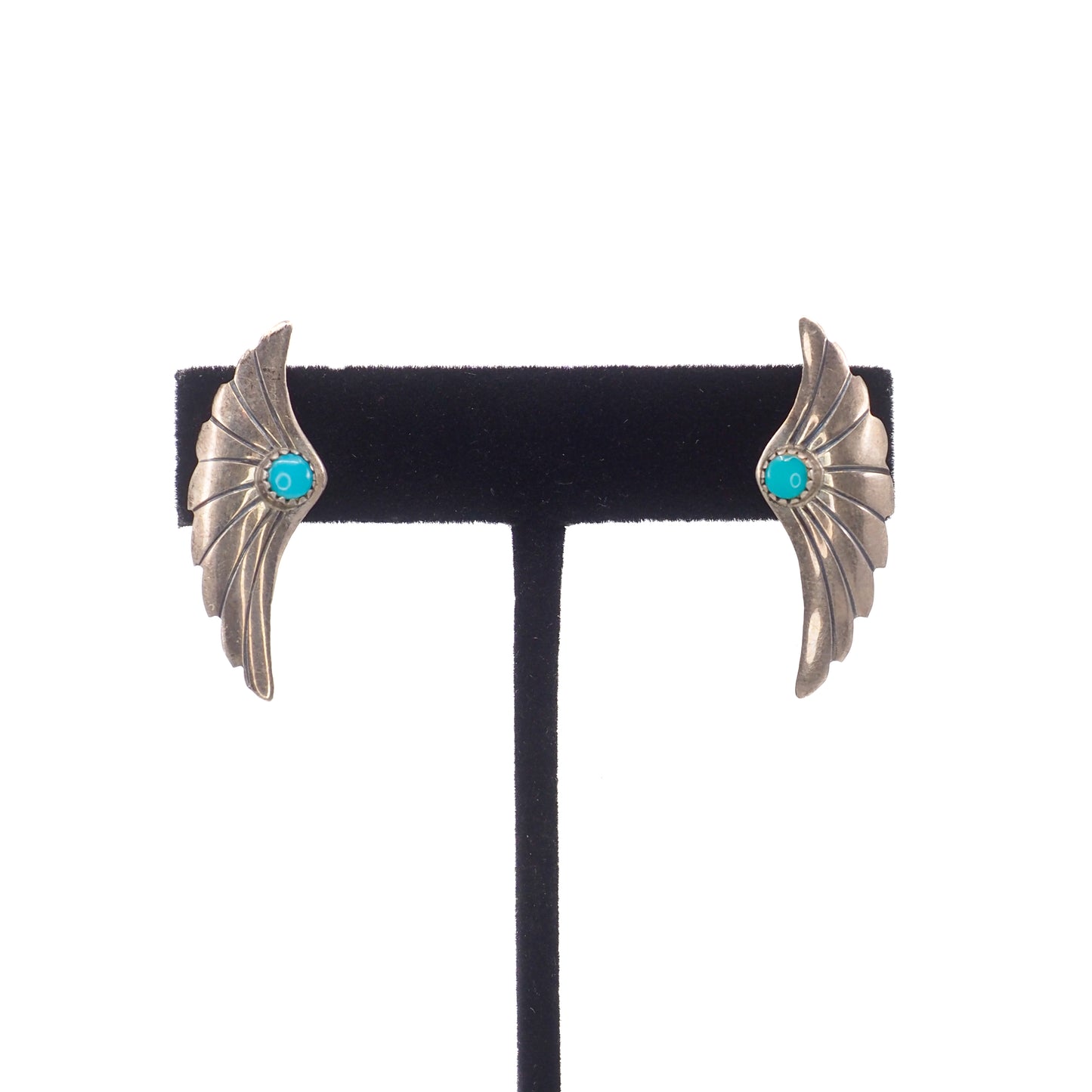 Vintage 1970s Sterling Silver Blue Turquoise Etched Large Stud Pierced Earrings
