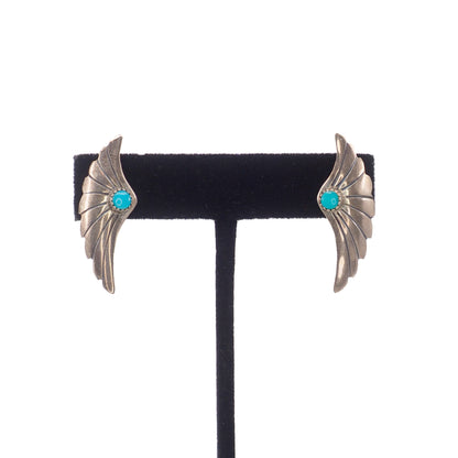 Vintage 1970s Sterling Silver Blue Turquoise Etched Large Stud Pierced Earrings