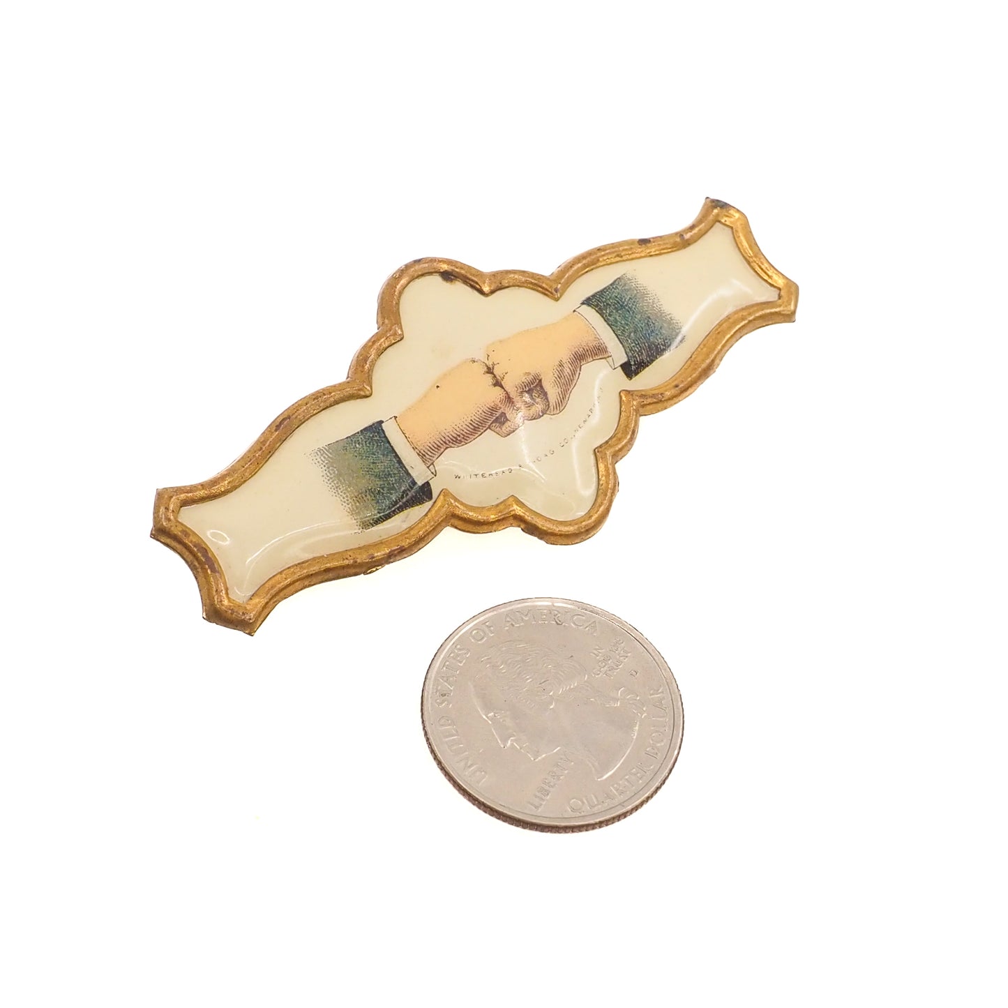 Antique 1890s Victorian WHITEHEAD & HOAG Fraternal Handshake Celluloid Pin