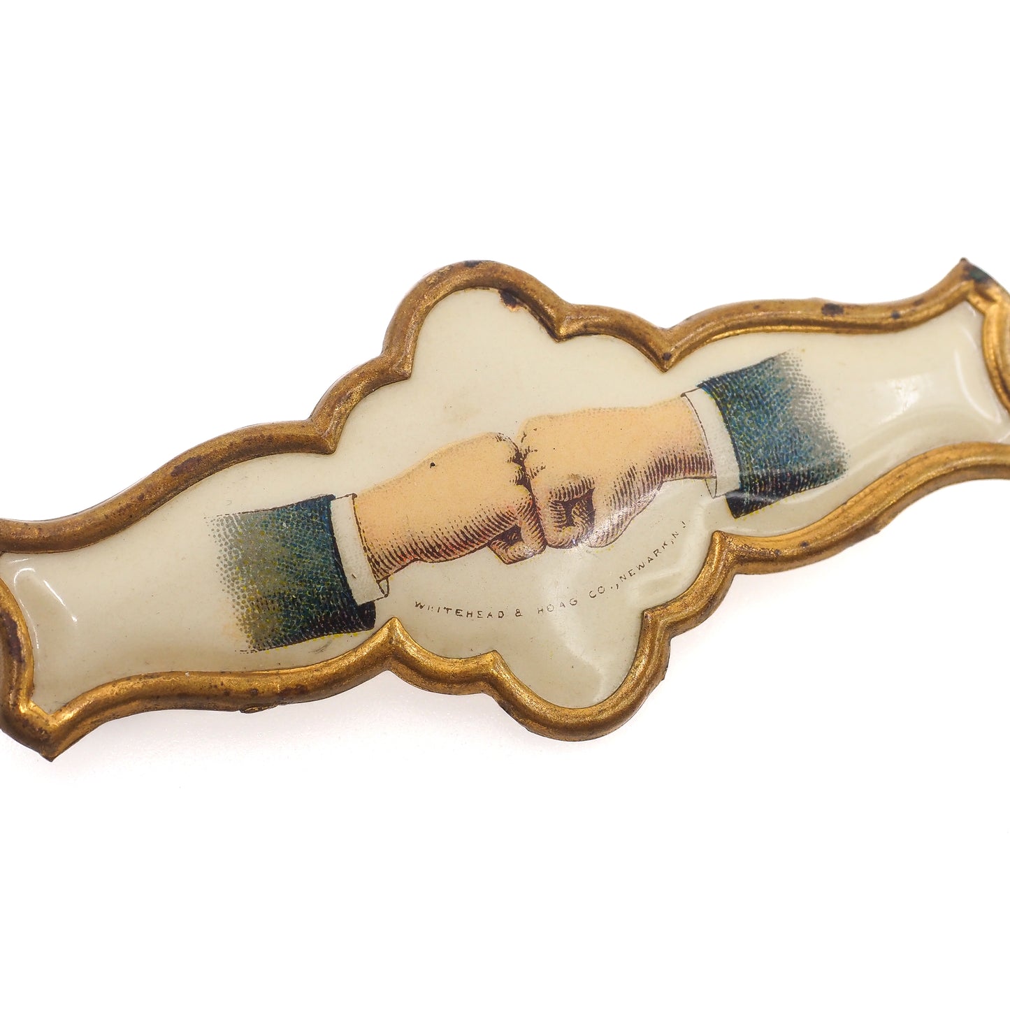 Antique 1890s Victorian WHITEHEAD & HOAG Fraternal Handshake Celluloid Pin