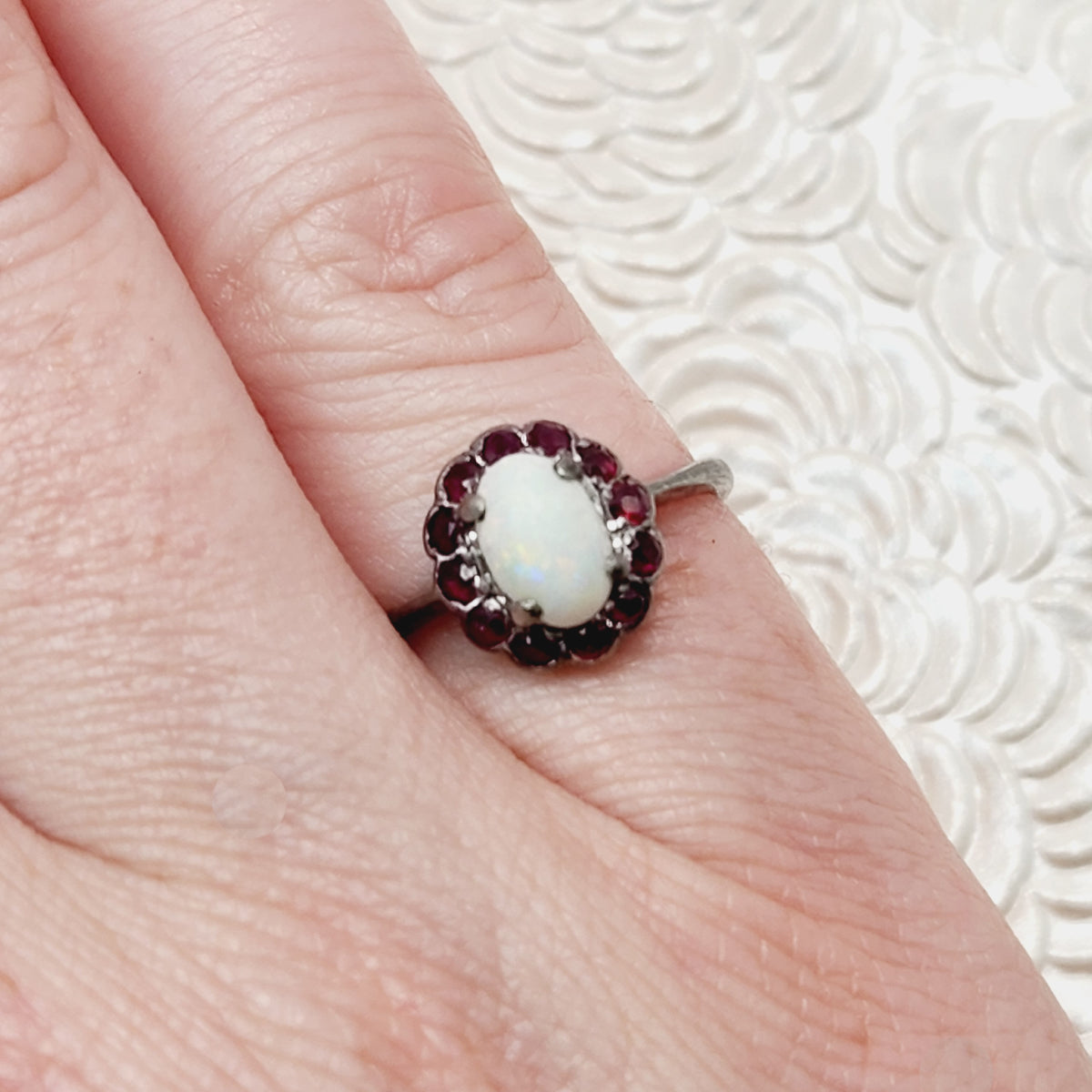 Antique 1910s White Opal and Red Spinel Halo Silver Ring Size 5 image 6