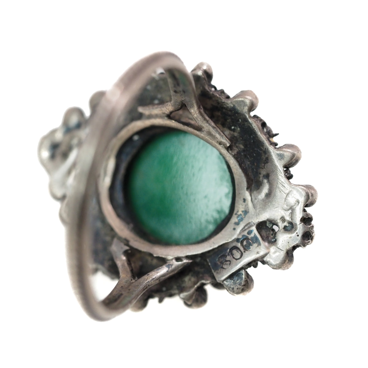 Vintage 1940s Green Chrysoprase and 800 Silver Cabochon Solitaire Marquise Ring Size 7.25 image 7