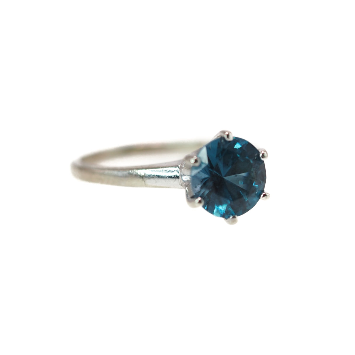 Vintage 1970s Greenish Blue Lab Created Spinel and 10K White Gold Solitaire Ring Size 5 image 4