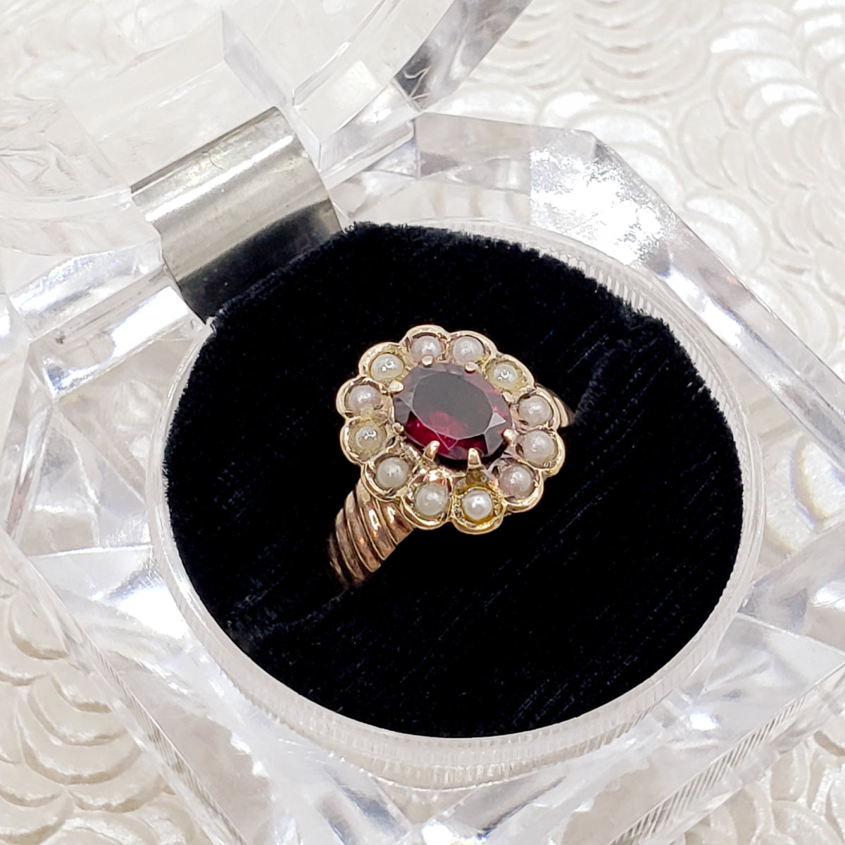 Antique 1890s Late Victorian Almandite Garnet, Seed Pearl, and 9K Yellow Gold Halo Ring Size 6.5 image 1