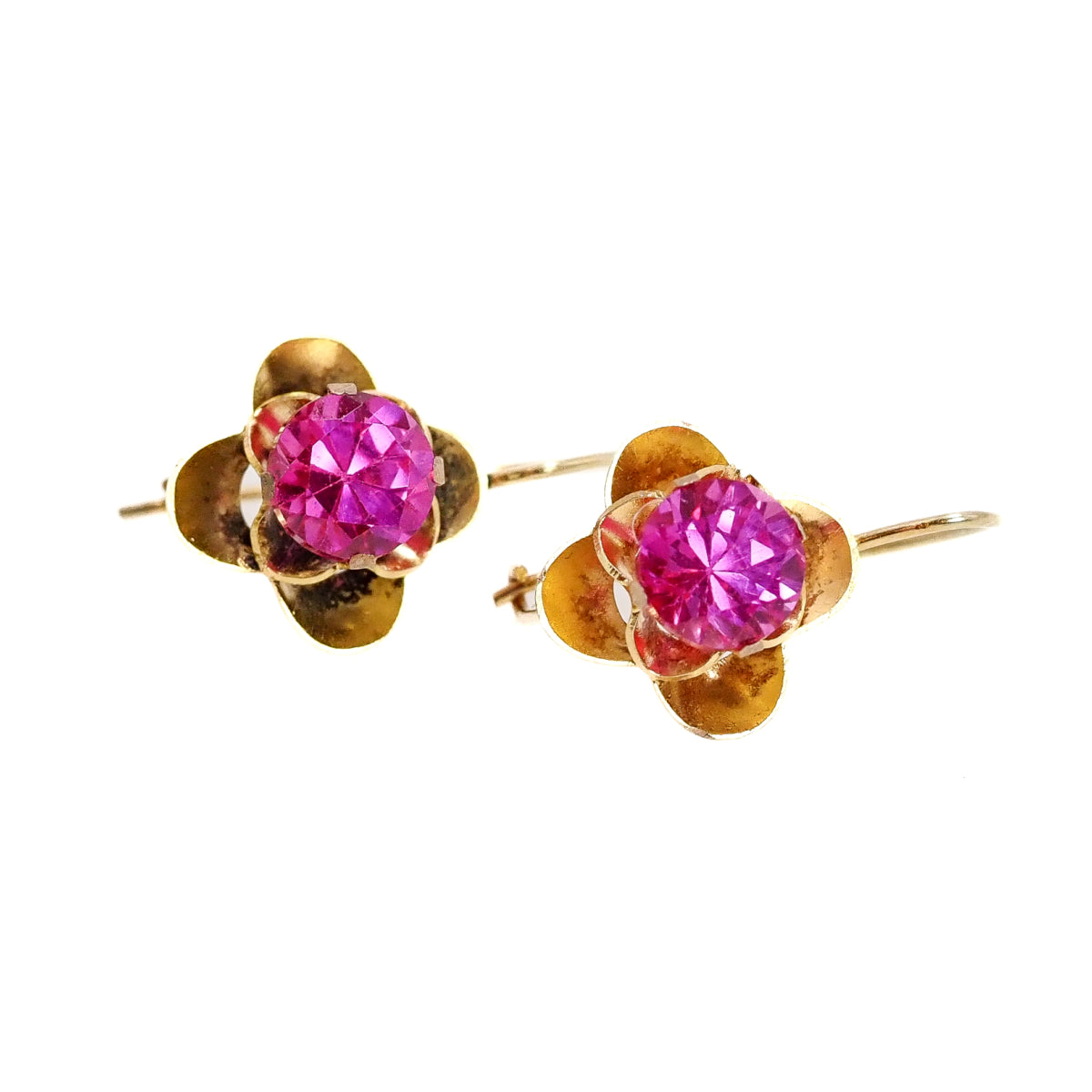 Antique 1910s Edwardian 1.92ct Lab Pink Sapphire and 10K Yellow Gold Kidney Wire Pierced Drop Earrings image 2