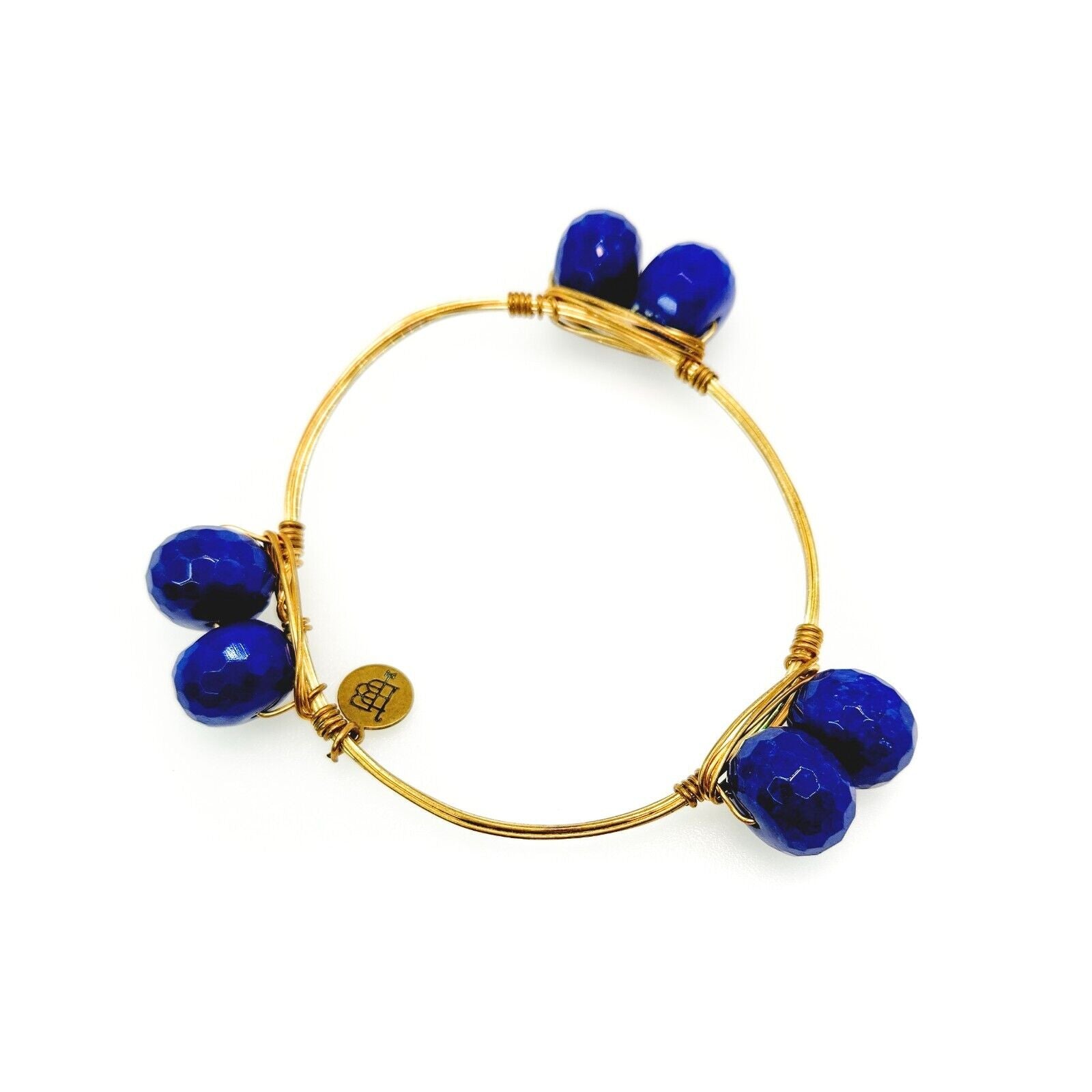 Bourbon and Boweties Blue Bead Gold Plate Statement Bangle Bracelet 8.5"