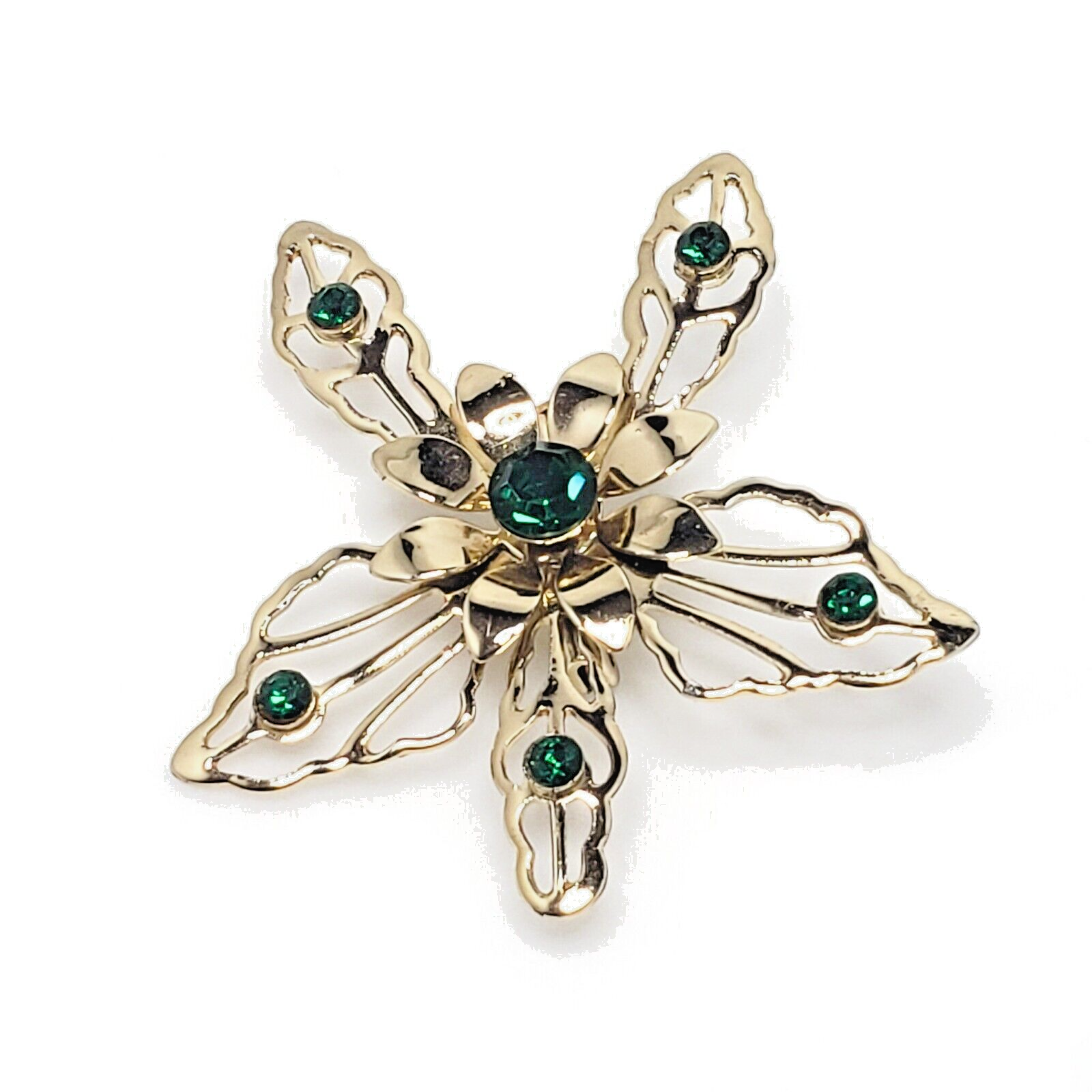 Vintage 80s Large Green Rhinestone Flower Costume Brooch