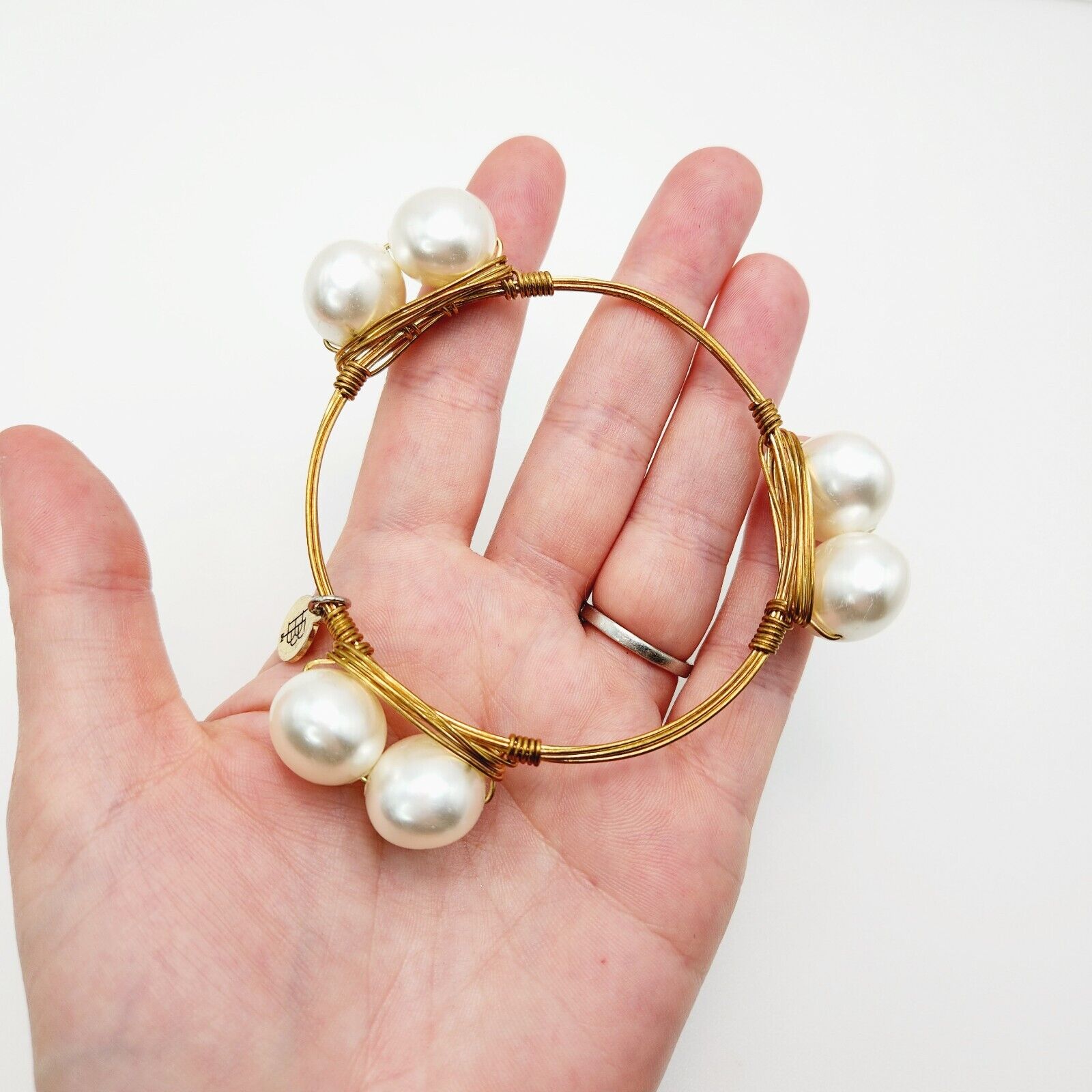 Bourbon and Boweties Imi. Pearl Gold Plate Statement Bangle Bracelet 8.25"