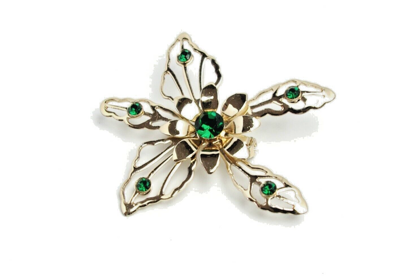 Vintage 80s Large Green Rhinestone Flower Costume Brooch