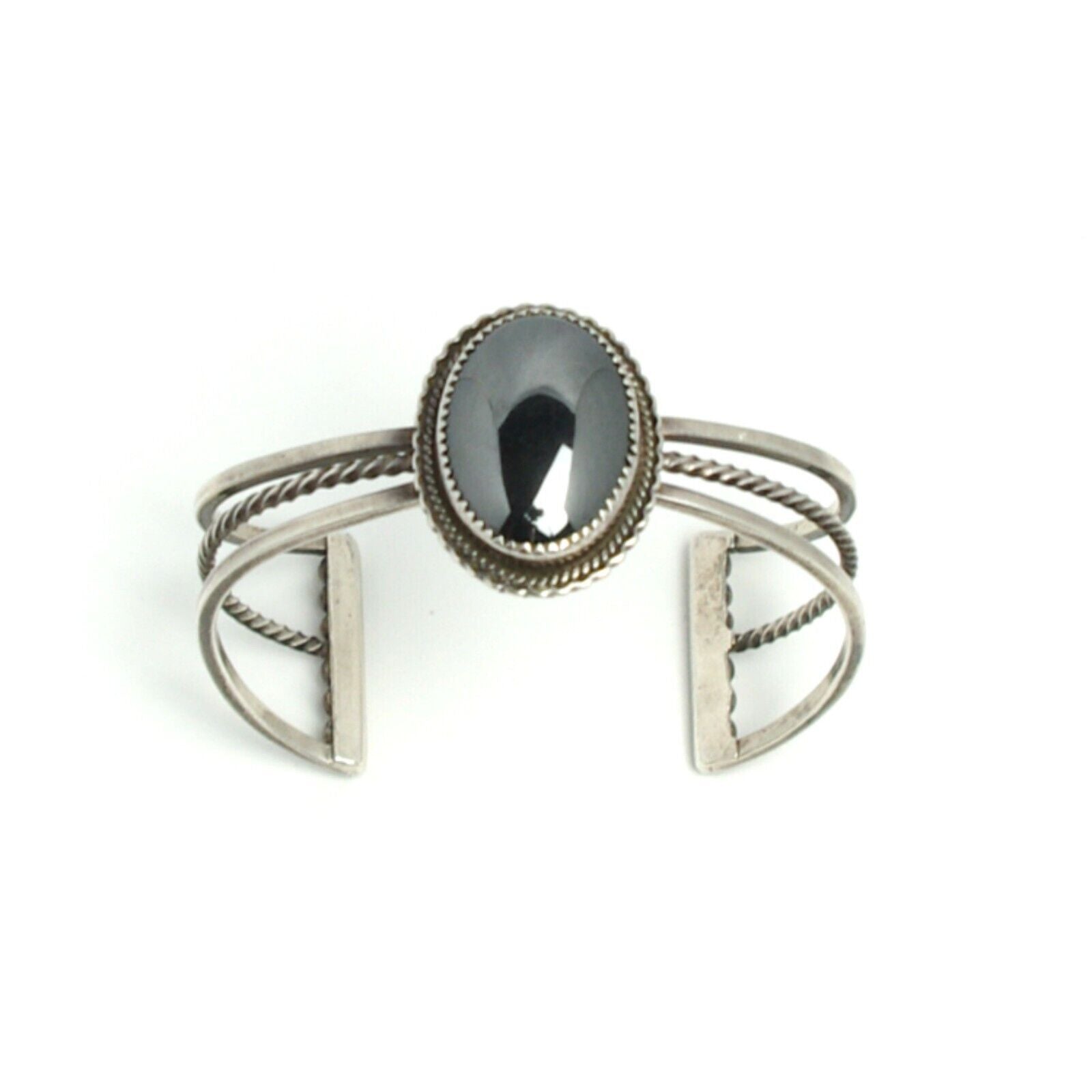 Vintage 1970s Hematite and Sterling Silver Rope Detail Cuff 6.5"