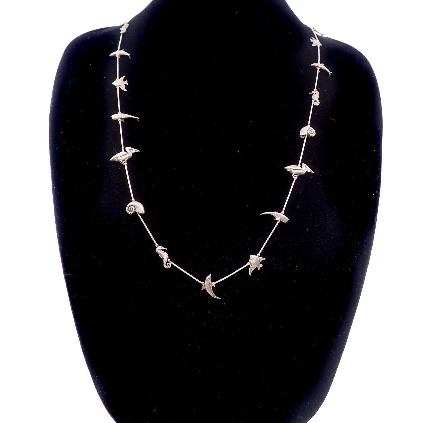 Vintage 1970s Zuni Sterling Silver Ocean Fetish Single Strand Fish and Shell 30"