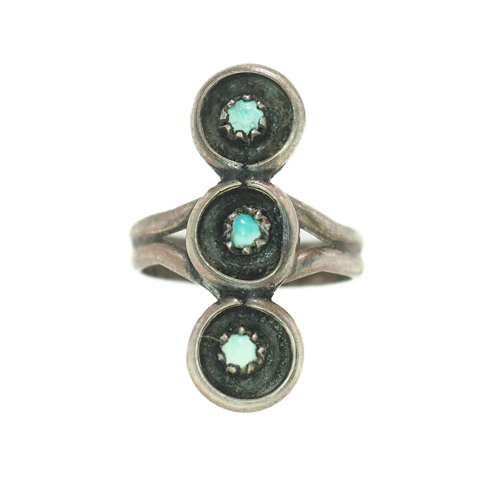 Vintage1960s Blue Turquoise and Sterling Silver Three Stone Ring Size 5.5