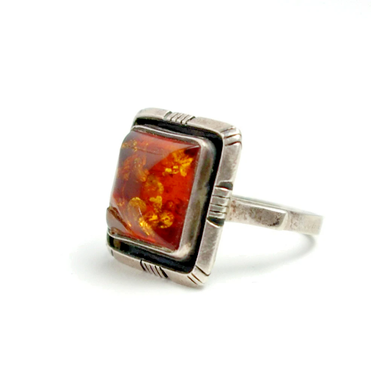 Vintage 1990s Square Sun Spangled Amber, Sterling Silver Ring Size 7.75