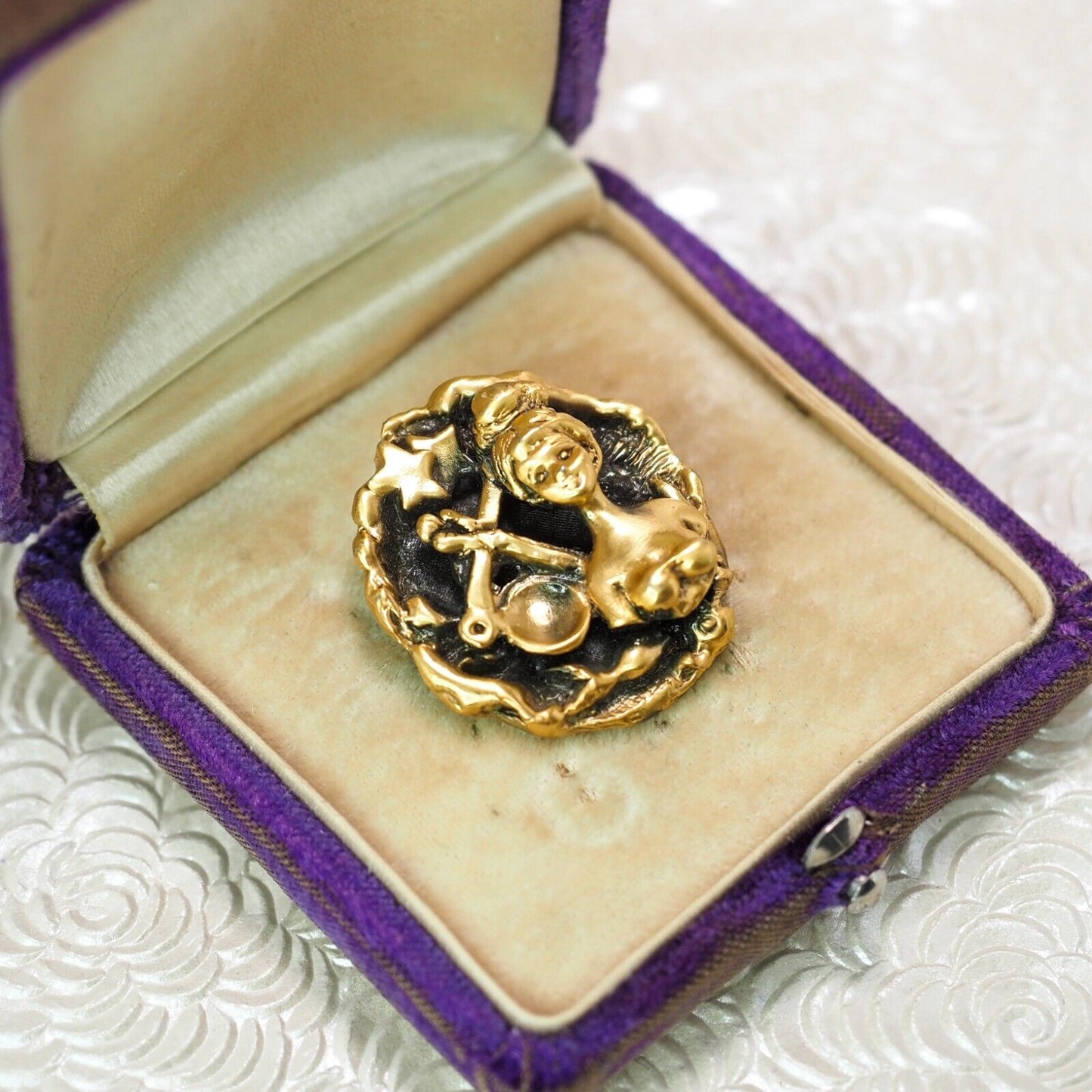 Vintage 1960s TORTOLANI Gilt Zodiac Libra Brooch