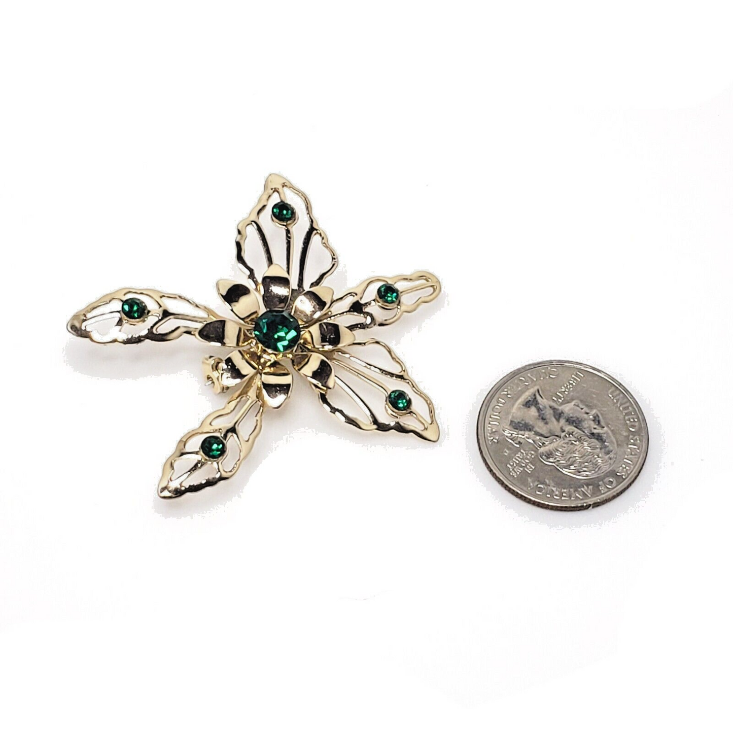 Vintage 80s Large Green Rhinestone Flower Costume Brooch