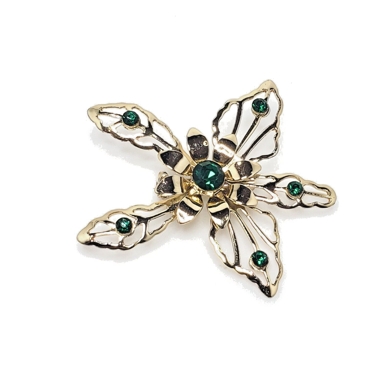 Vintage 80s Large Green Rhinestone Flower Costume Brooch