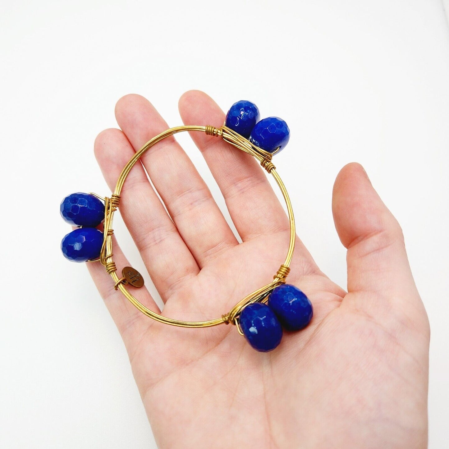 Bourbon and Boweties Blue Bead Gold Plate Statement Bangle Bracelet 8.5"