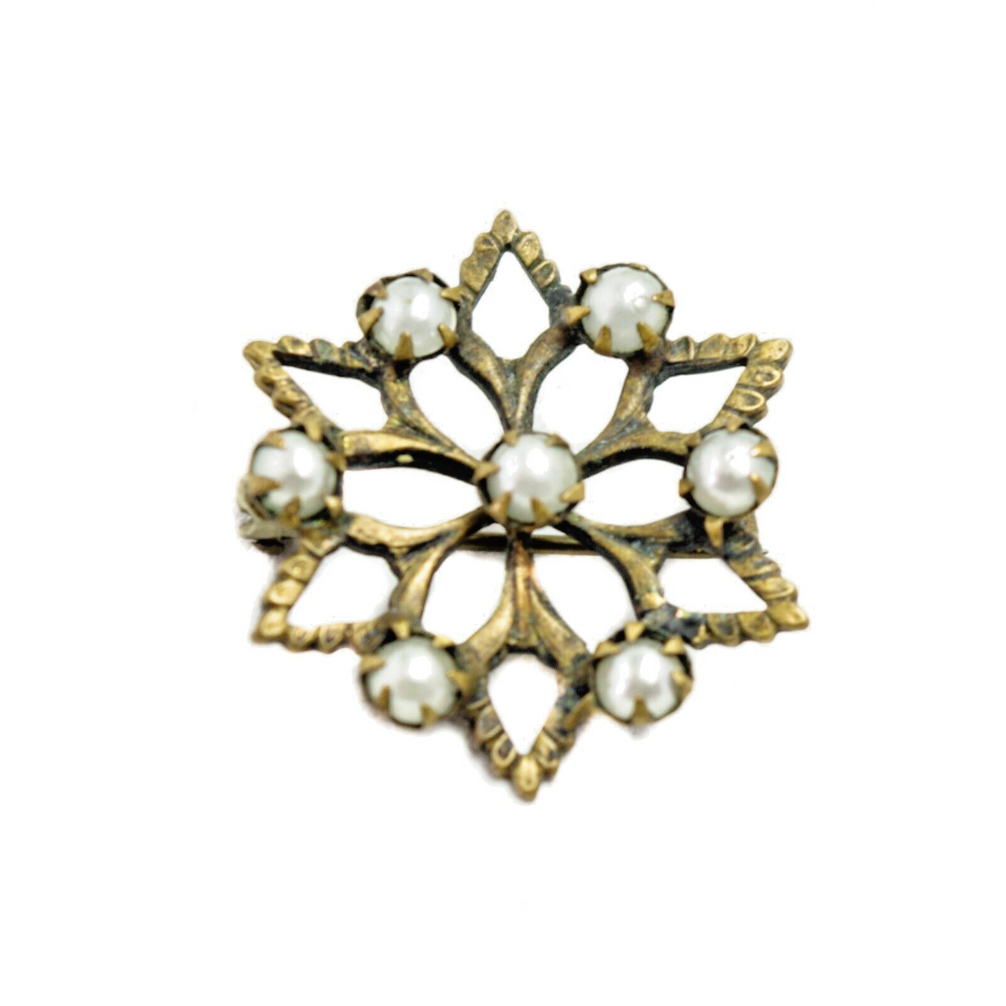 Antique 1900s Victorian Gold Filled and Imitation Pearl Snowflake Brooch