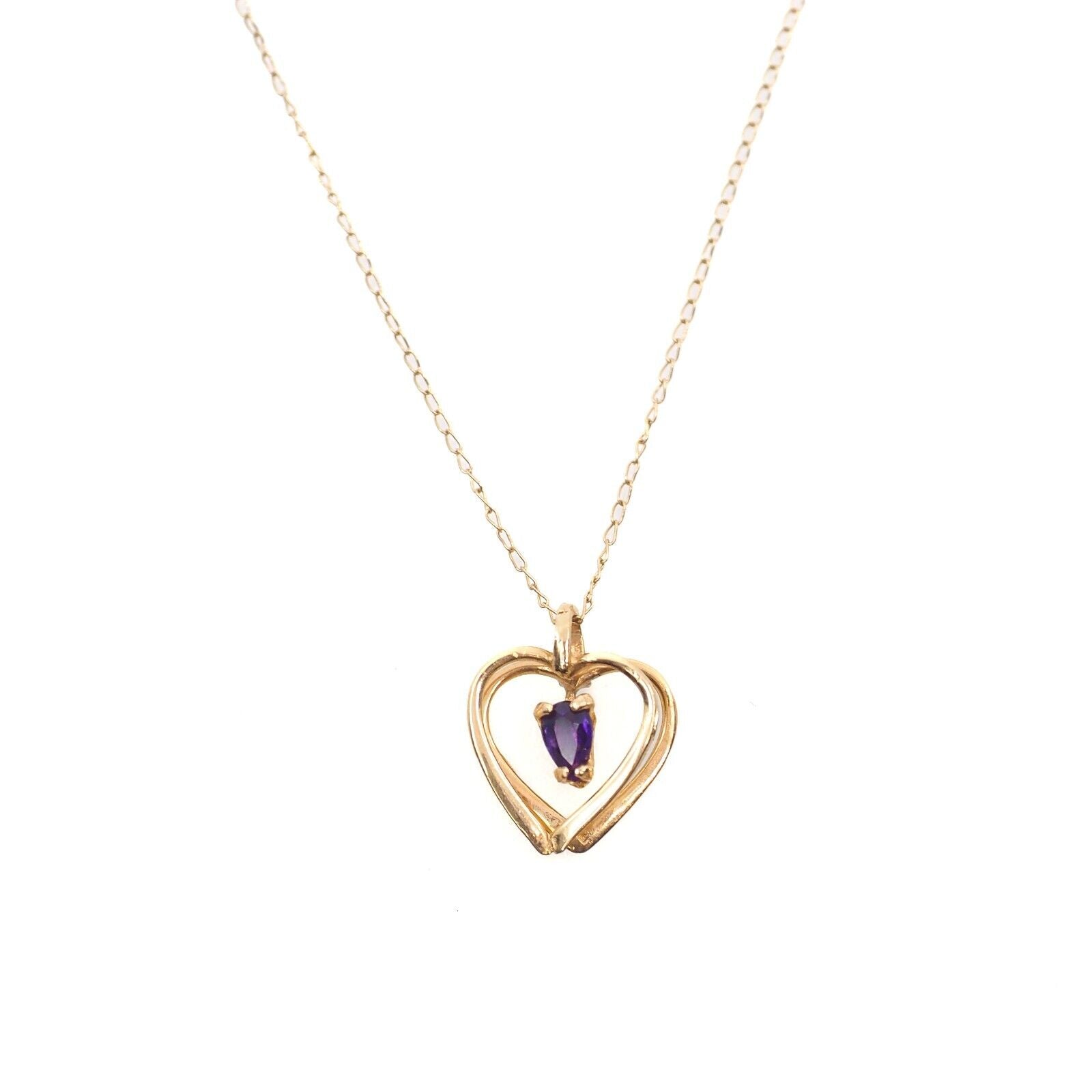 Vintage 1980s 14K Yellow Gold and Marquise Purple Amethyst Heart 17.5" Necklace