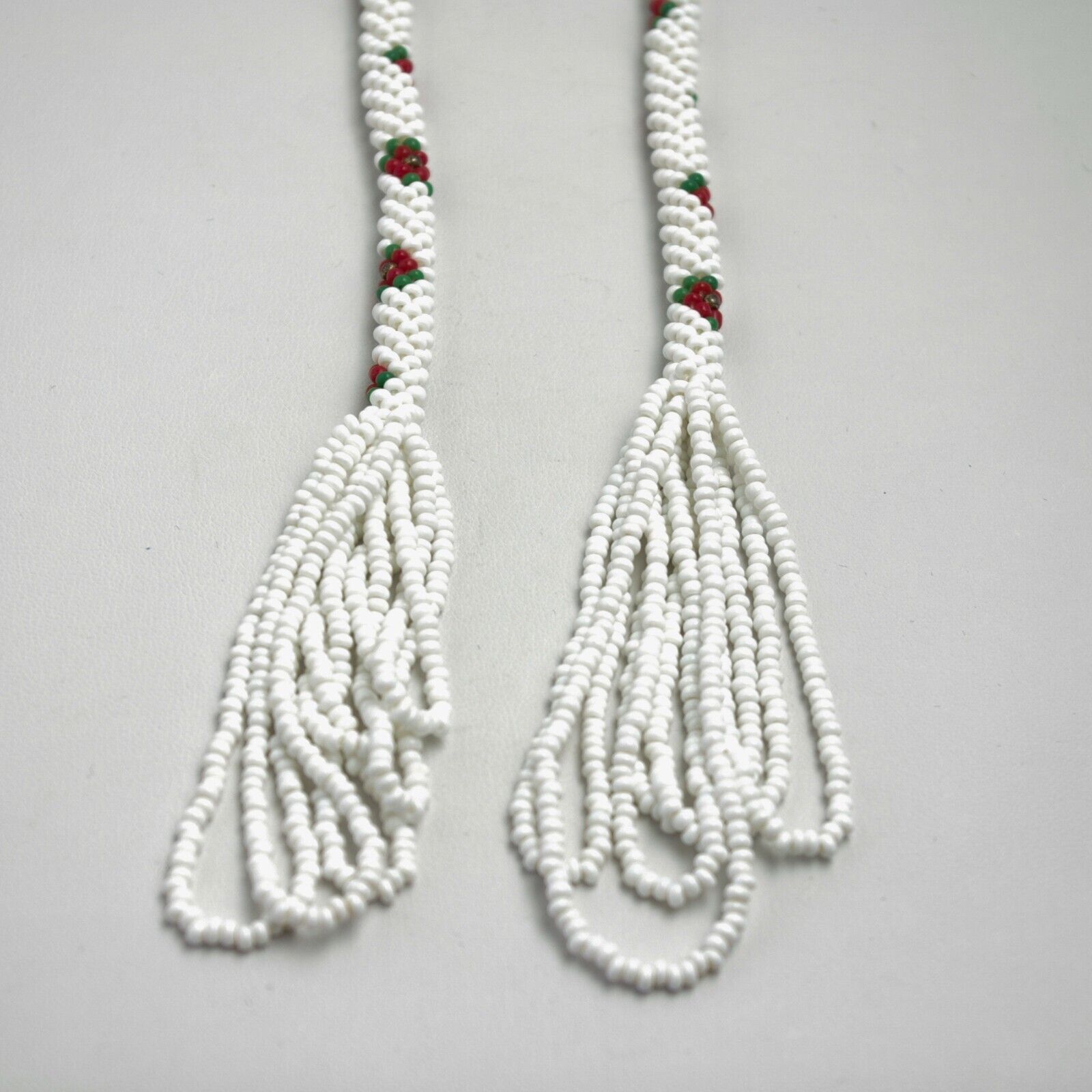 Antique 1920s Art Deco White and Red Flower Seed Bead Long Tassel 65" Necklace