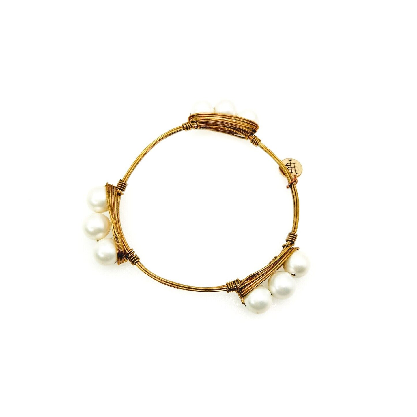 Bourbon and Boweties Imi. Pearl Gold Plate Statement Bangle Bracelet 8.25"