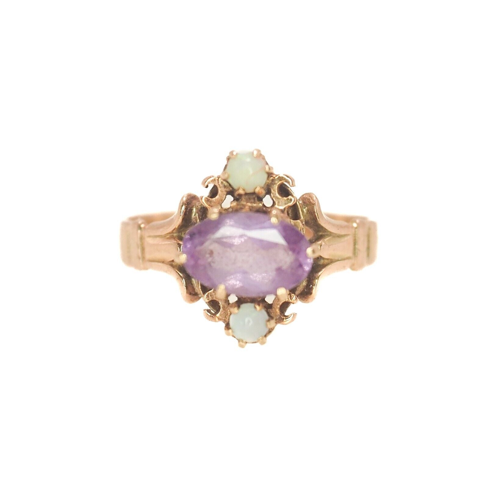 Antique 1900s Victorian Amethyst, Opal, and 14K Yellow Gold Ring Size 5.75