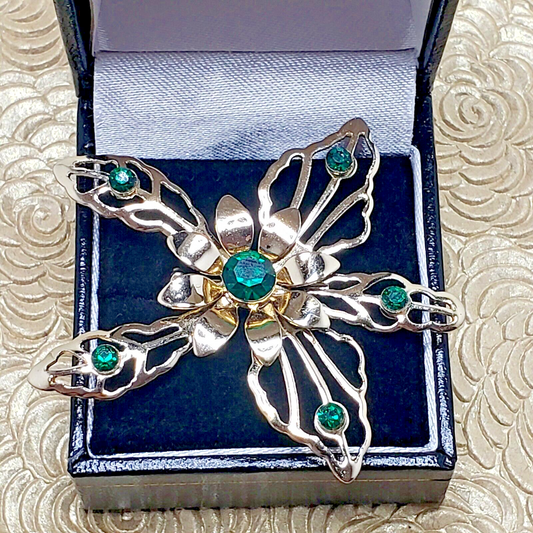 Vintage 80s Large Green Rhinestone Flower Costume Brooch