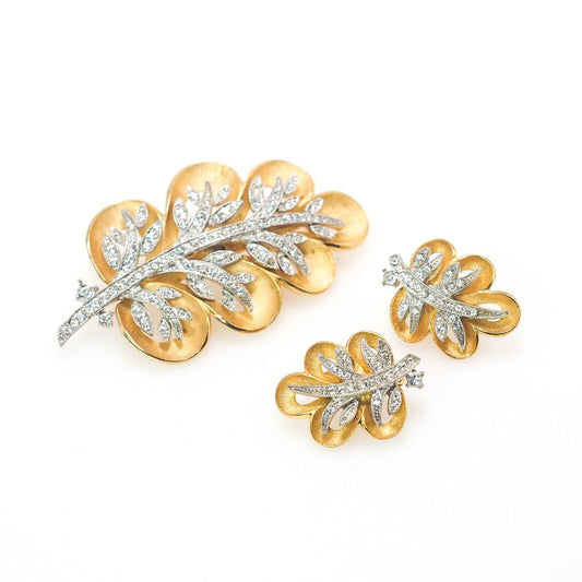 Vintage 1960s Clear Rhinestone Gold Plate Leaf Brooch and Clip Earring Set