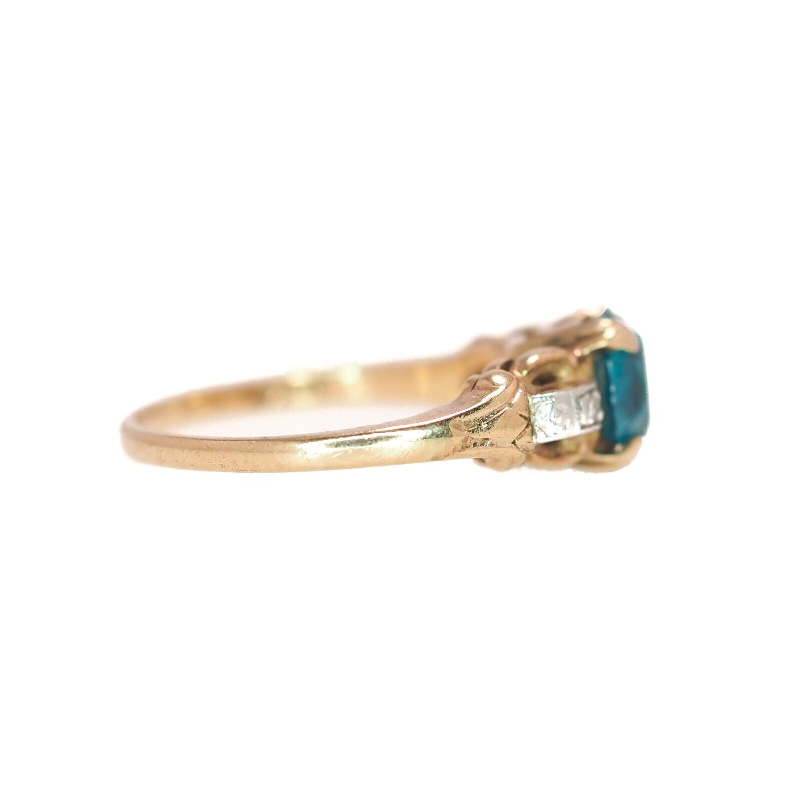 Vintage 1930s Art Deco Blue Zircon, Diamond, and Two 10K Gold Ring Size 5.75