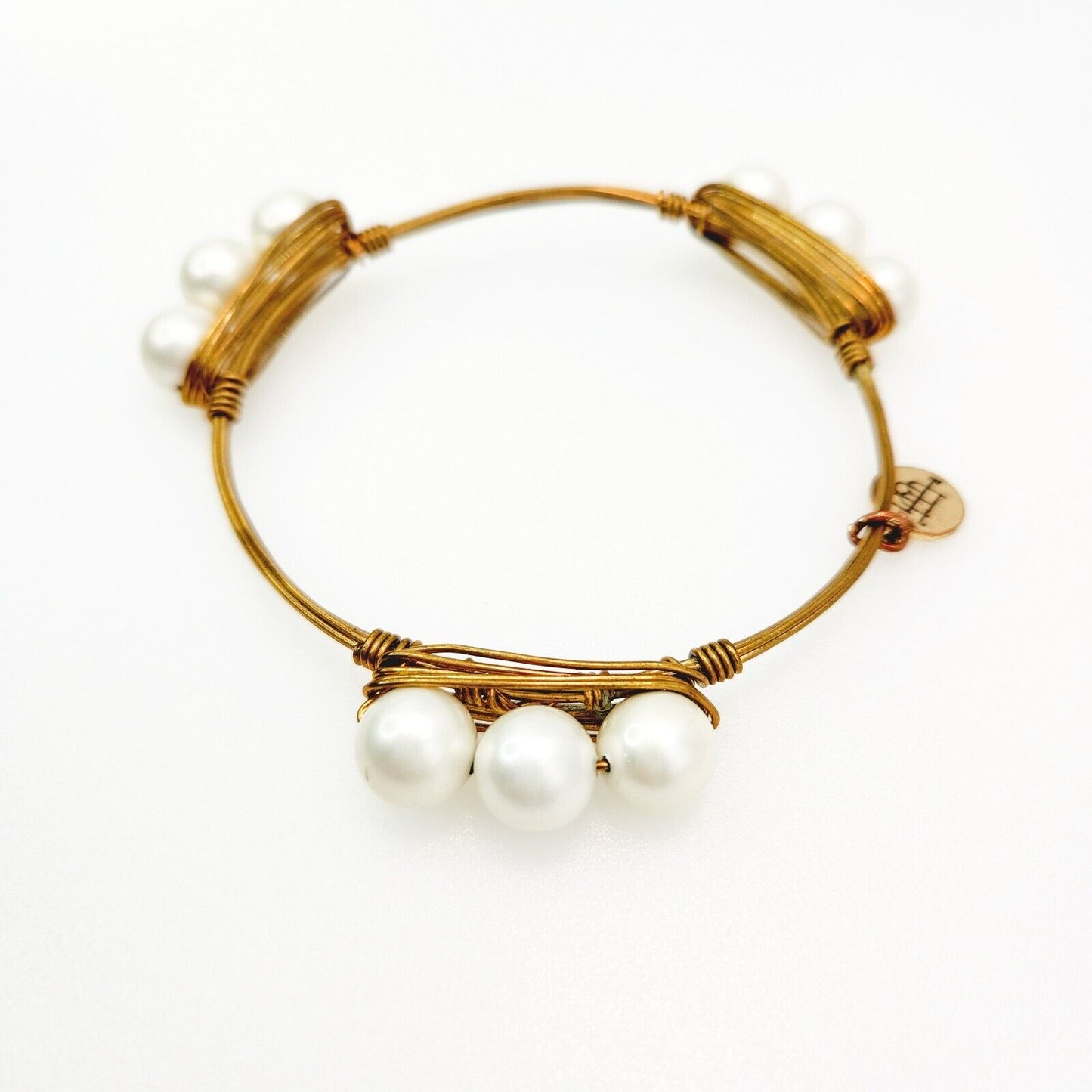 Bourbon and Boweties Imi. Pearl Gold Plate Statement Bangle Bracelet 8.25"