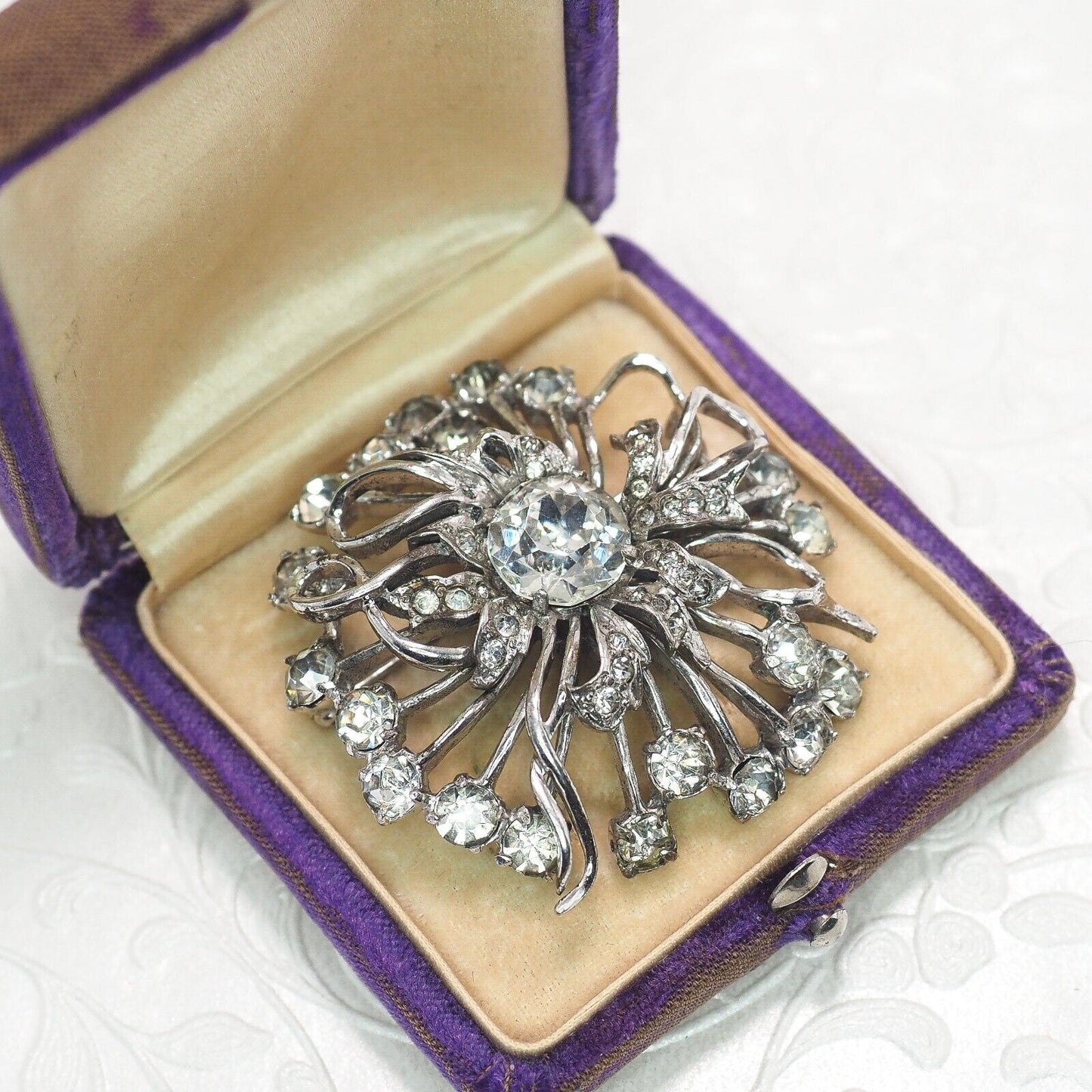 Vintage 1940s EISENBERG Ice Starburst Clear Rhinestone Sterling Large Brooch