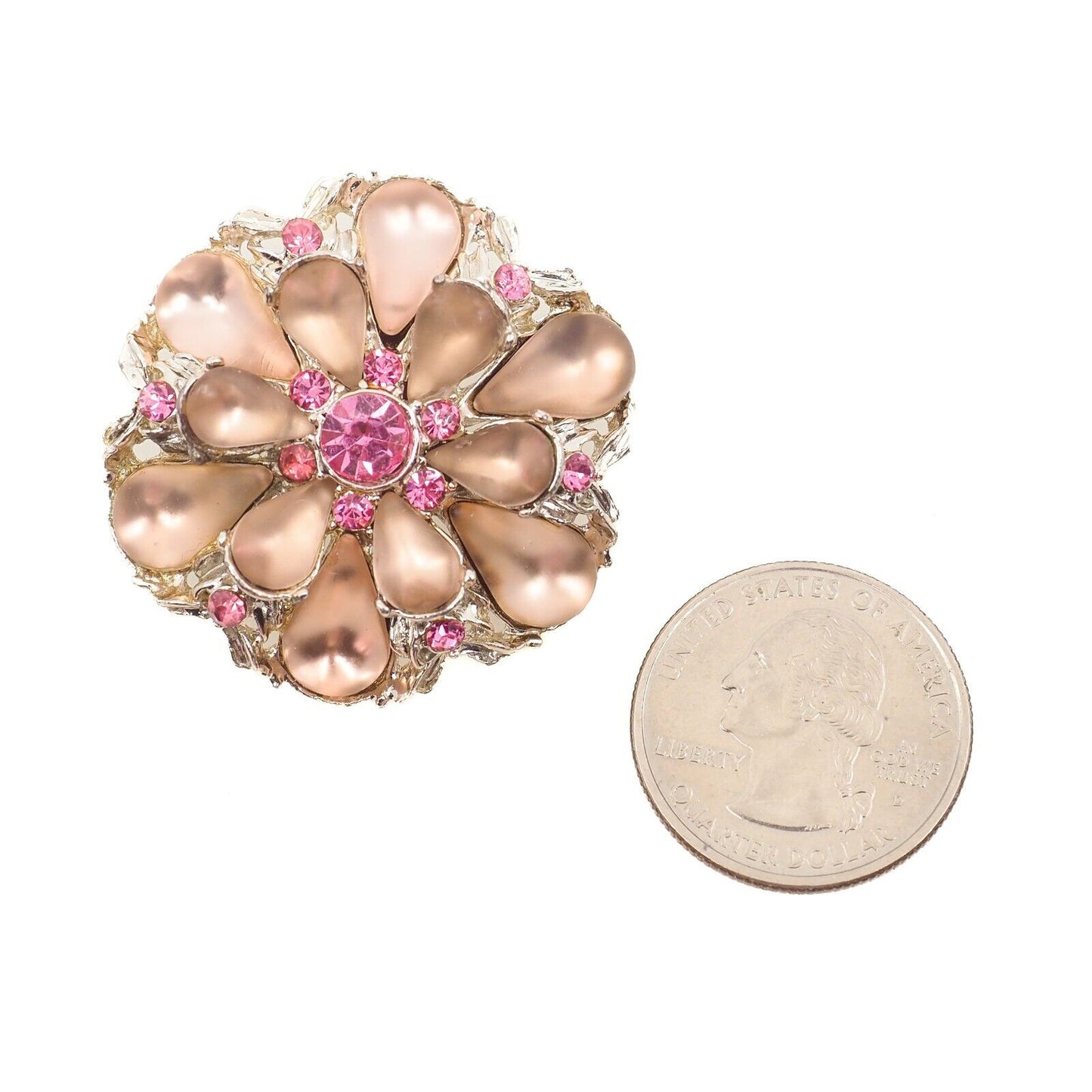 Vintage 1960s Pink and Fushia Rhinestone Cabochon Flower Brooch