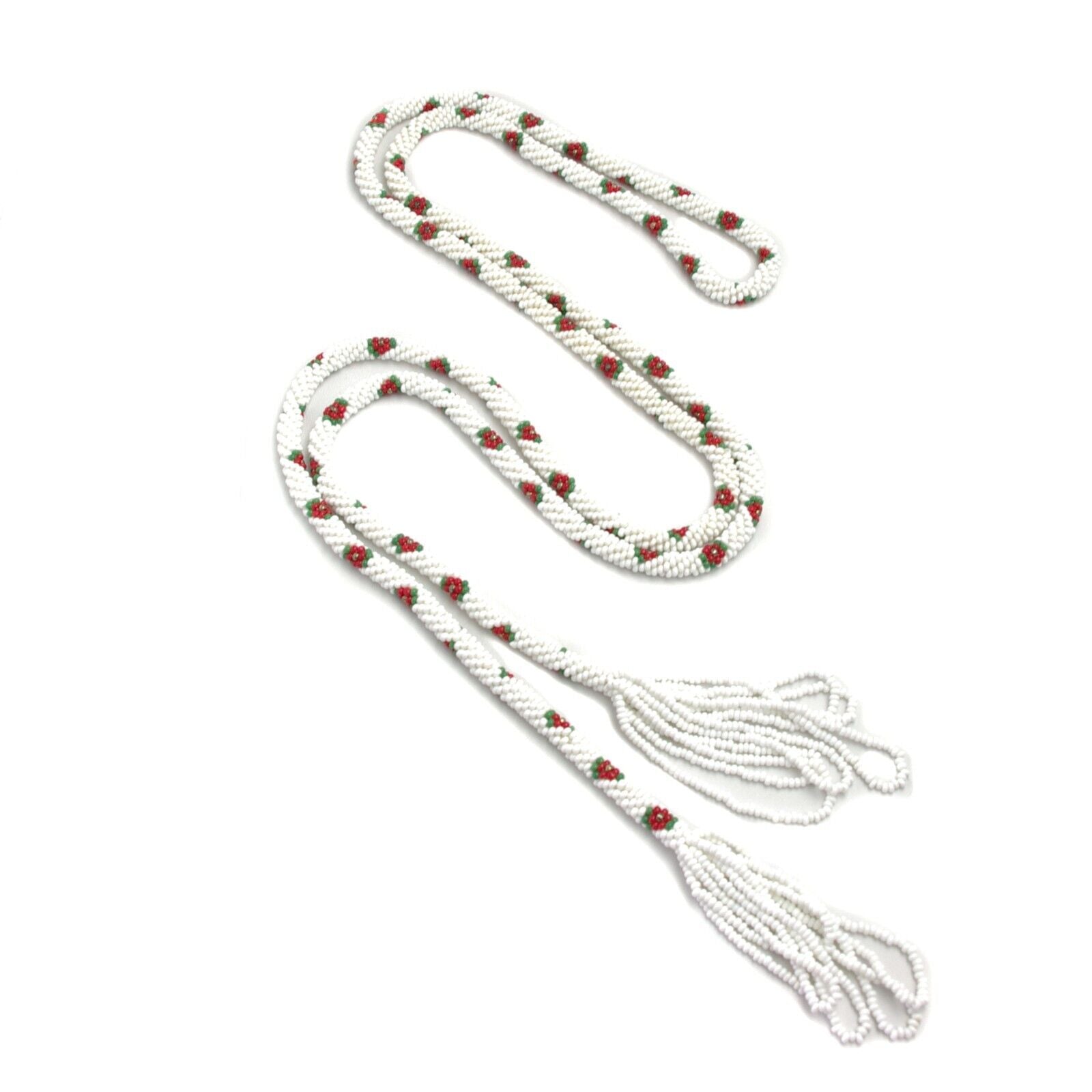 Antique 1920s Art Deco White and Red Flower Seed Bead Long Tassel 65" Necklace