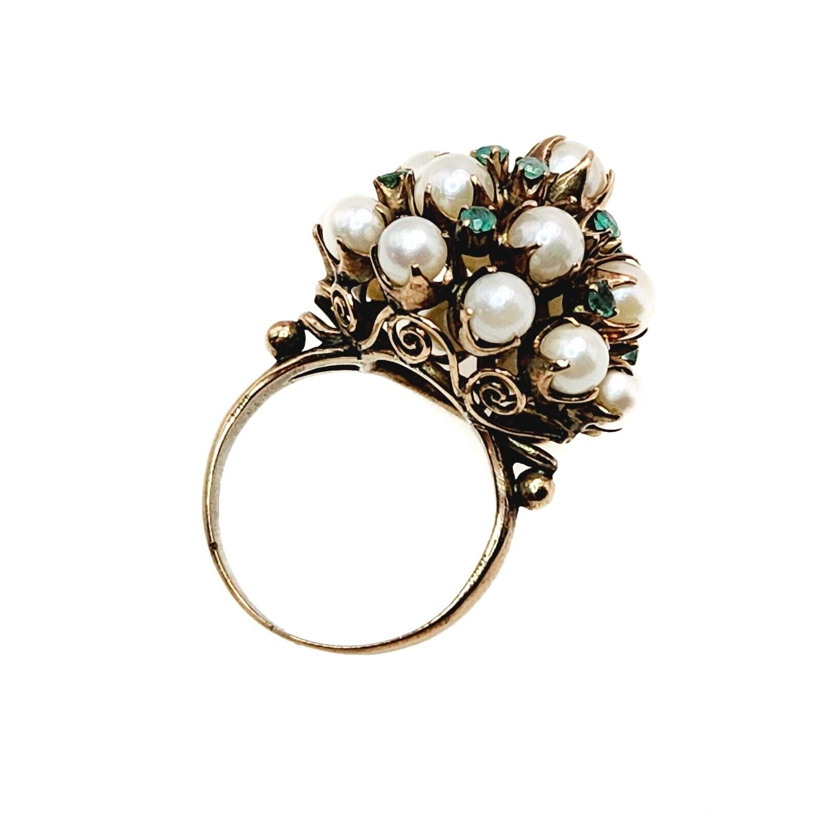 Vintage 1950s Emerald, Cultured Akoya Pearl, and 10K Yellow Gold Cocktail Ring 