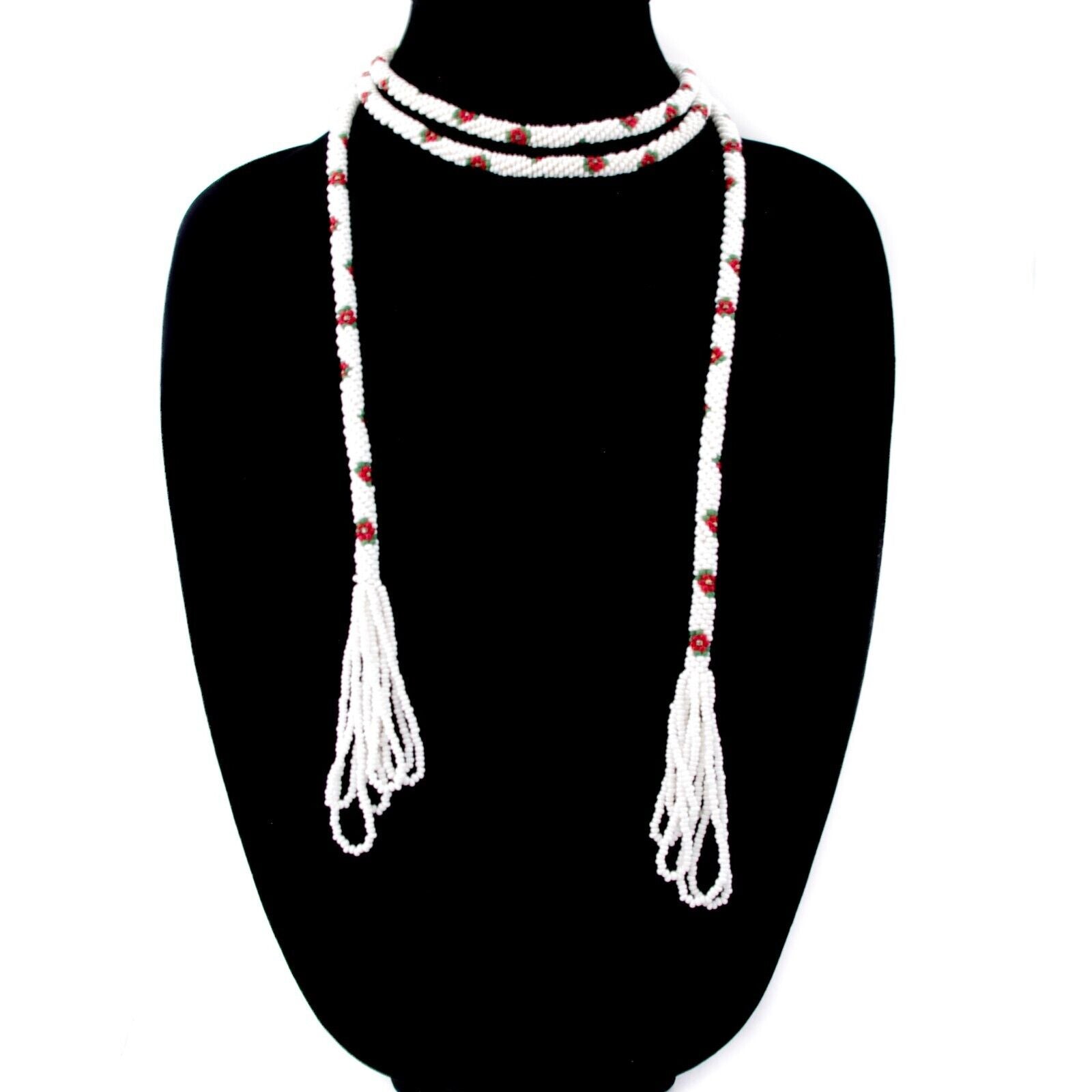 Antique 1920s Art Deco White and Red Flower Seed Bead Long Tassel 65" Necklace