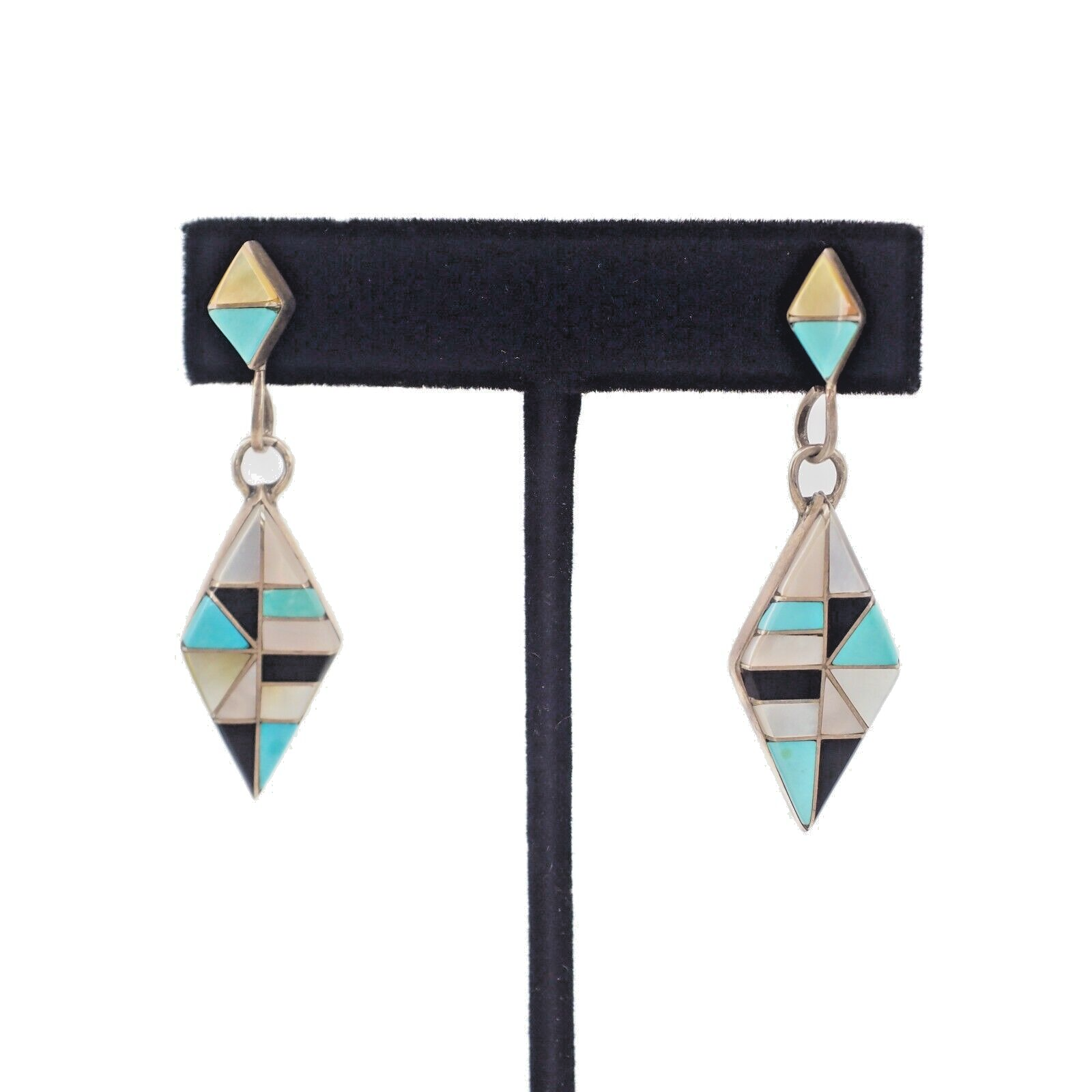 Vintage 1970s Zuni Sterling Silver Inlaid Turquoise, Onyx, and Shell Earrings