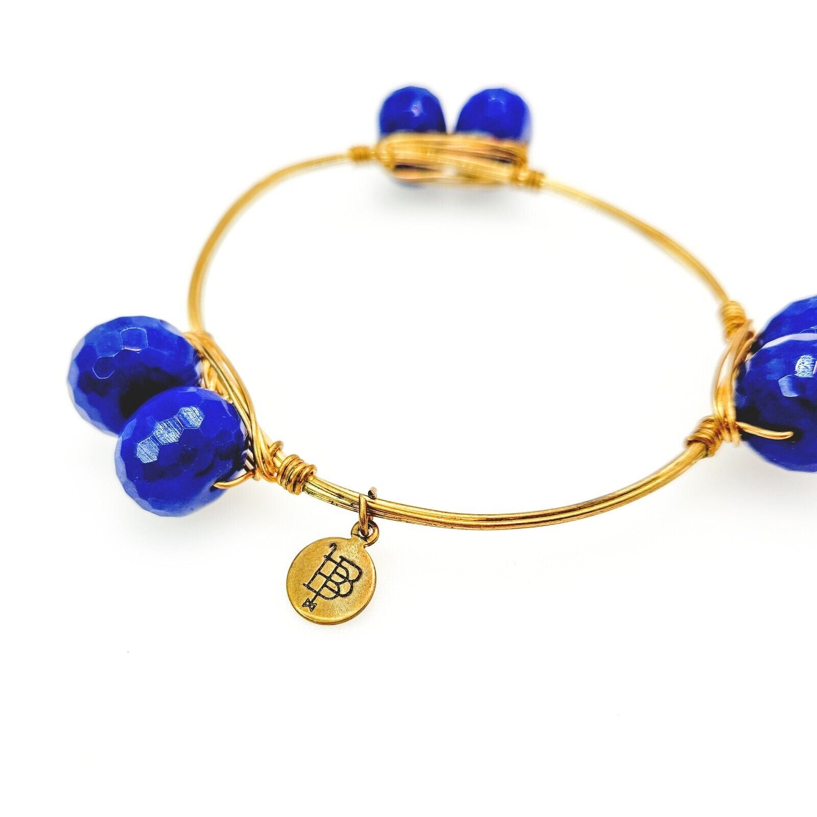 Bourbon and Boweties Blue Bead Gold Plate Statement Bangle Bracelet 8.5"