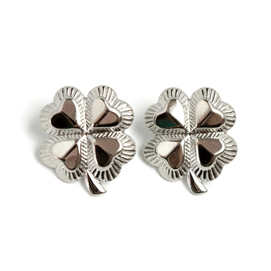 Vintage 1990s Four Leaf Clover Silver Tone Metal Pierced Earrings